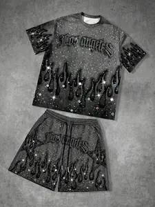 Men's "Los Angeles" Rhinestone Flame Print 2-Piece Set, Vintage Washed T-Shirt and Drawstring Shorts Outfit