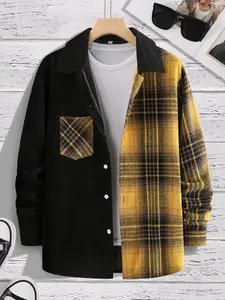 Men's Patchwork Plaid Print Button Front, Casual Regular Fit Long Sleeve Collared Top for Fall & Winter, Men's Clothes for Daily Wear, Casual Fashion Shirt