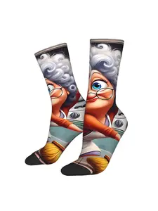 Polyester Socks with a Design of Grandma Cleaning The Floor