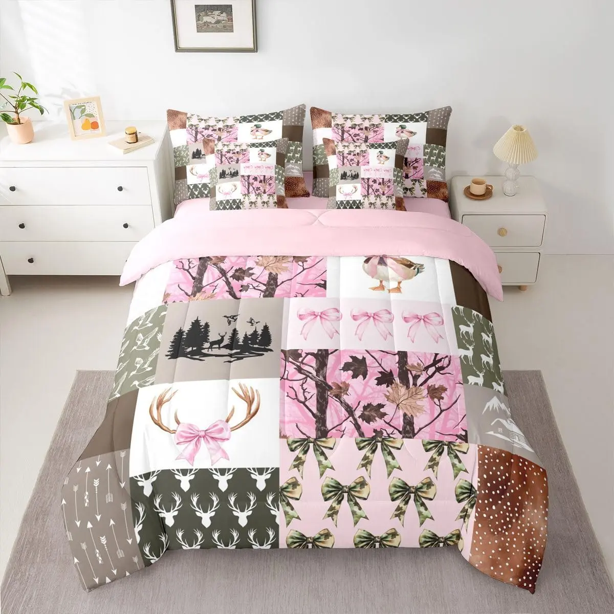 Hunting Pink Bedding Set,Mallard Duck Deer Camo Comforter Set with Sheets Room Pink Bow Decor Farmhouse Rustic Bed in a Bag