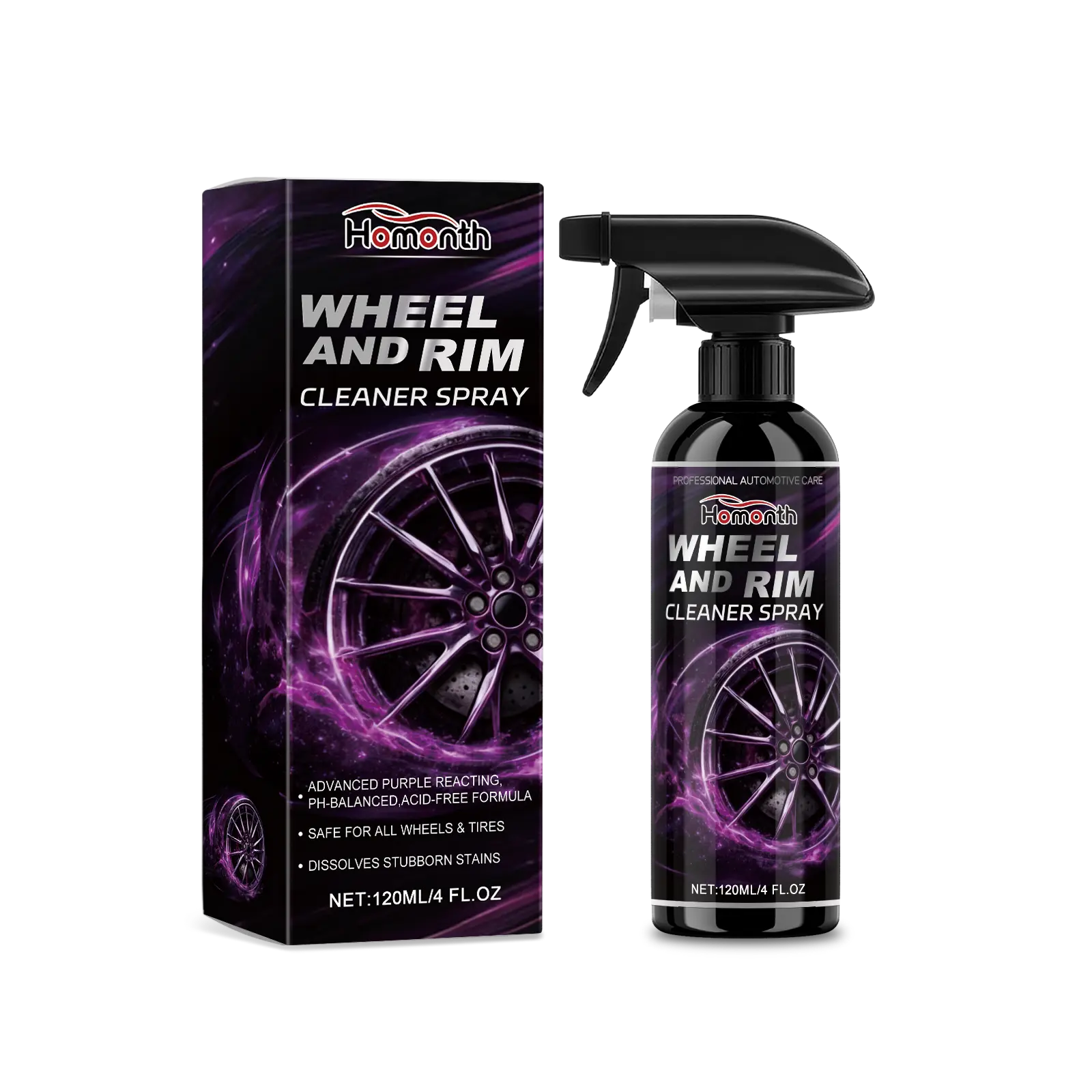 Homomth Wheel & Rim Cleaner Spray 120ml - Powerful Formula for Stubborn Brake Dust & Road Grime - Safe for All Wheel Types - Fast-Acting & Easy Application - Restores Deep Gloss & Enhances Light Reflection