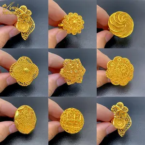 Ethiopia Arab Dubai Gold Plated Long Rings For Women Resizable Wedding Jewelry African Party Gift Nigerian Big Jewellery