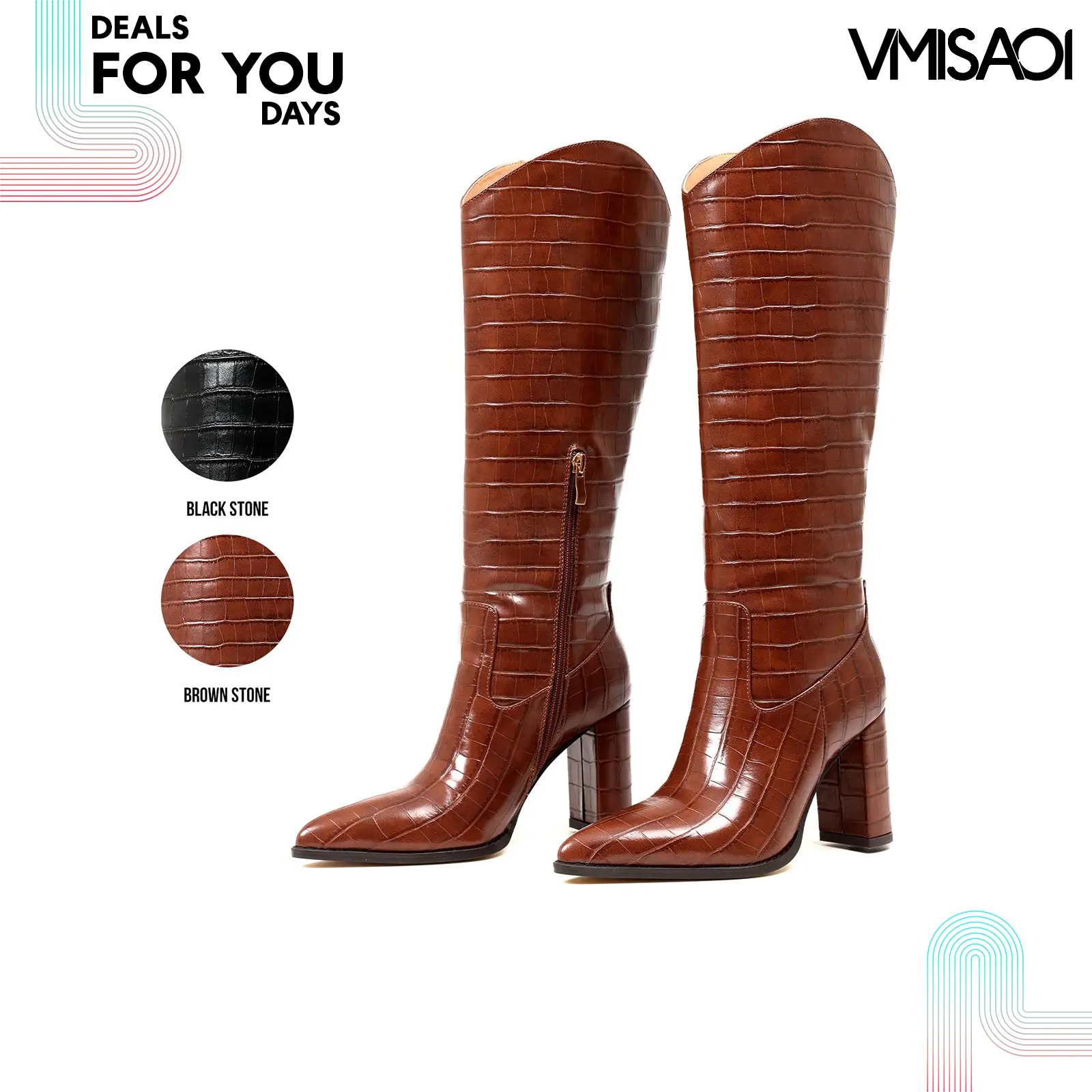 Knee High Boots For Women Pointed Toe Chunky Block High Heel Side Zipper Fashion Dress Date Party Nightclub Crocodile Go Go Boot Trendy Tall Booties Deals For You Days
