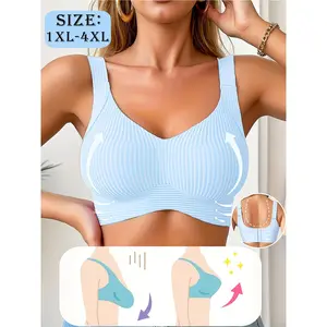 Solid Color Women'S Plus Size Seamless Striped Bra, Push-Up Bra, Makes Large Breasts Appear Smaller, Soft Lift Without Underwire, High Elastic Fabric, Good Support, Full Cup Design Without Underwire