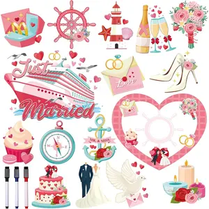 Just Married Honeymoon Magnets - 16 PCs Wedding Cruise Door Magnet Anniversary Carnival Magnetic Stickers Decals for Party Car Kitchen Refrigerator Stateroom Ship Cabin Docerations with Pens