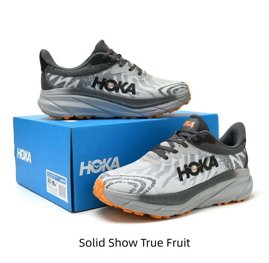 Neutral gray patterned running shoes with orange traction tips, thick soft cushion sole, match all casual daily and outdoor sport outfits