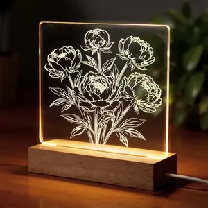 LIVEKEY Illuminated Peony Floral Acrylic Light Box with Wooden Base - LED Home Decor Acrylic Picture Frame, Soft Glow Indoor Night Light for Bedroom, Living Room