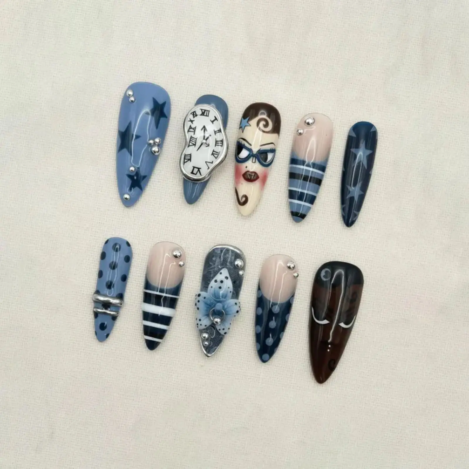 Blue Vintage Character Press On Nails | Hand Painted Star & Clock Nail Art | 3D Flower French Tips | Long Almond Reusable Fake Nails