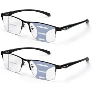 2 Pack Men's Progressive Multifocal Reading Glasses,Half Rim Metal Frame TR90 Temples Blue Light Blocking Anti  Multifocus  Readers,2.5x