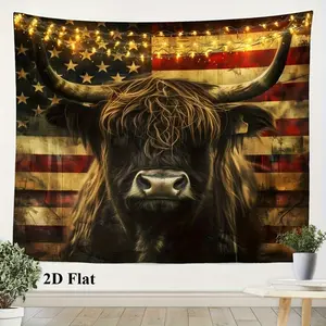 One bull-print tapestry, a bedroom decoration featuring Highland bull pattern, a tapestry with American flag-style western animal and wildlife geometric stripes for the wall, suitable for teenage room decoration, room decoration. bedroom decor
