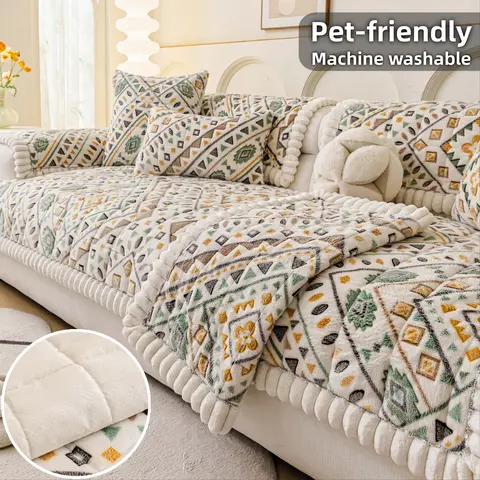 Boho Geometric Plush Sofa Cover, Thickened Quilted Non-Slip Sofa Couch Covers, Universal Sofa Protector, Anti-Scratch Sofa Slipcover, Pet-Friendly & Machine Washable, Sectional Sofa Cover for L-Shaped Couch with Chaise, Fits 1-4 Seaters, Multi Sizes