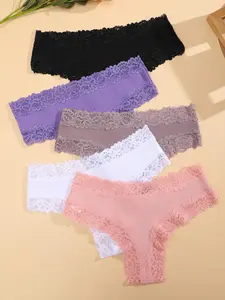 Women's 5pcs Solid Contrast Lace Panty, Soft Comfy Breathable Knicker for Daily Wear, Women's Underwear for All Seasons