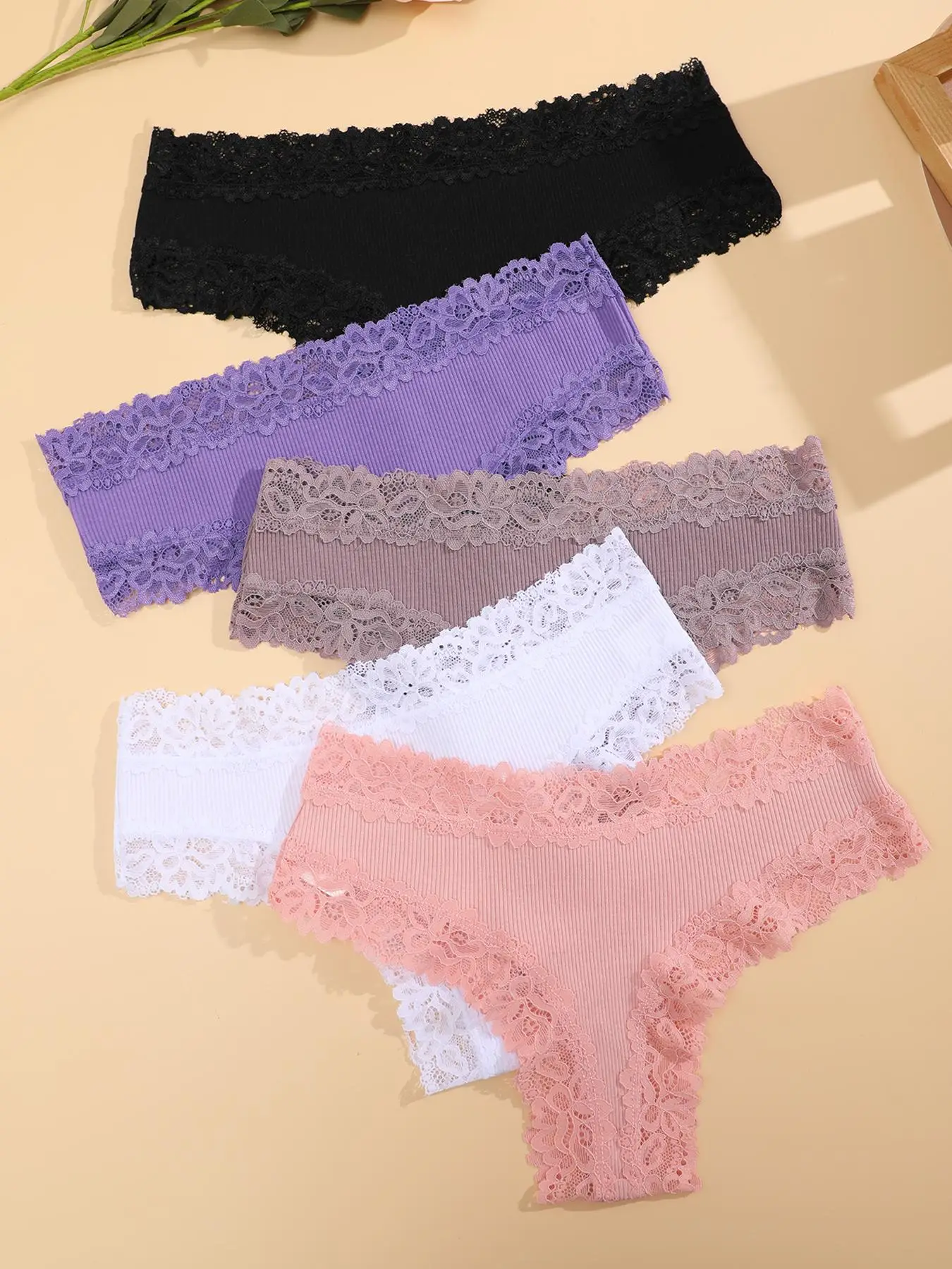 Women's 5pcs Solid Contrast Lace Panty, Soft Comfy Breathable Knicker for Daily Wear, Women's Underwear for All Seasons