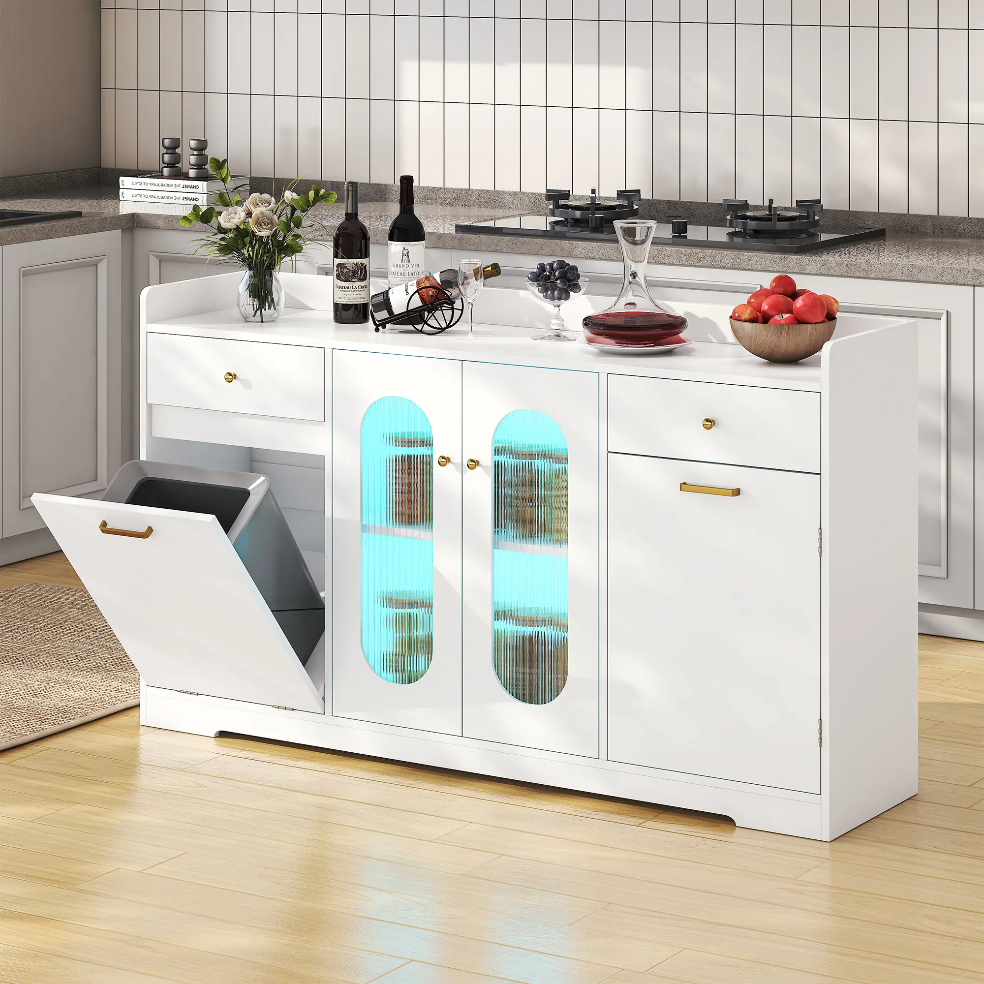 54'' Large Kitchen Island with LED Light and 2 Drawers, Kitchen Island with Trash Can Storage and Adjustable Shelves, Tilt Out Trash Can Cabinet Pantr