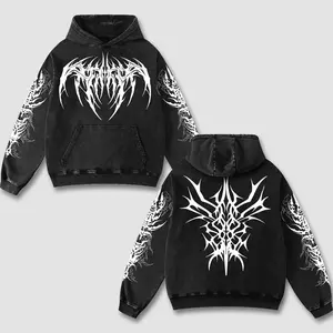 Revion - Oversized Goth Biker Graphic Pullover - Acid Wash Black Neo Cyberpunk Hoodie - Retro Heavy Metal Font Symmetrical Tribal Motorcycle Sweatshirt - Premium Heavyweight Unisex Top
