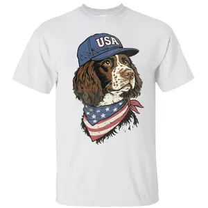 USA Hunting Dog With American Flag Bandana Tshirt, English Springer Spaniel Tee, 4th of July Dog America 250 Patriotic Spaniel Tee, Hunting Camo Shirt