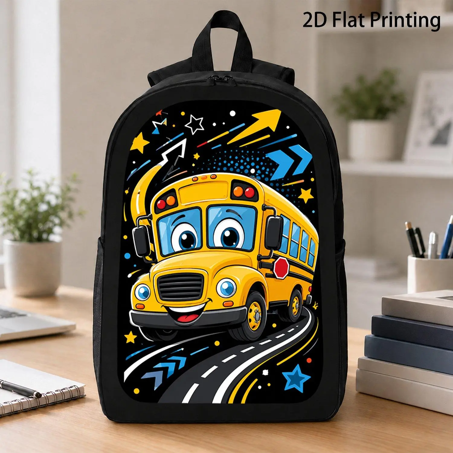 17 Inch Backpack 1pc Cute Transport Vehicle Print Arrow Star Graphic Yellow School Bus Style Cartoon Daily Use School Backpacks Canvas Travel Daypack