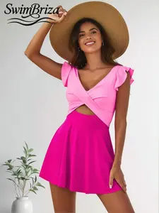 Briza｜Ruffle Sleeve Wrap Cut-Out Swimdress In Two-Tone Pink One Piece Swimsuit For Women With One Piece Bathing Suit Fancy Style For Vacation Swimwear For Women, Tummy Control Swimsuits For Women And Bathing Suits Flattering For Tummy