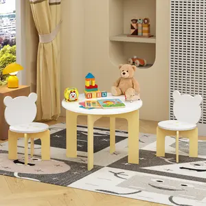 3-Piece Activity Table & Chair Set with Bear-Back Design, Solid Pine & MDF Wooden Furniture for Playroom, Bedroom, or Study