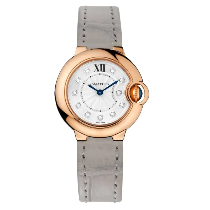 Cartier Ballon Bleu 28mm WE902050 Quartz 18K Rose Gold Silver Diamond Dial Leather Strap Ladies Watch WHT031706