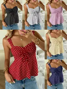 Women's Sleeveless Polka Dot Tank Top - Summer French Chic Lady Clothes, Drawstring Waist-Cinching Hem, Fit Casual Elegant Sweet Spicy Look, Ideal for Beach Vacation, Date Night