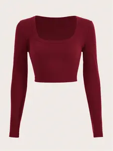 Women's Autumn/Winter Solid Color Knitted Square-Neck Slim-Fit Long Sleeve Tight T-shirt, Perfect for Post-Work Parties and Clubs.