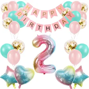 2Nd Birthday Decorations For Girls - Gradient Color Age 2 Balloons With Happy Birthday Banner For Baby Showers & Parties