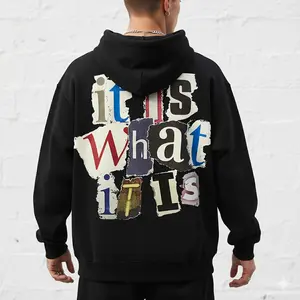 Men's funny collage letter patchwork Graphic Hoodie - Cotton Blend Black Long Sleeve Pullover Regular Fit | Soft & Breathable Fabric, Durable Print, Everyday Comfort, Machine Washable, casual fashion indoor studio
