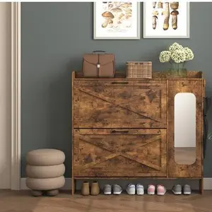 Farmhouse Shoe Storage Cabinet with 2 Flip Drawers Mirror Door Entryway Organizer Rustic Brown Freestanding Narrow Rack with Hooks & Adjustable Dividers