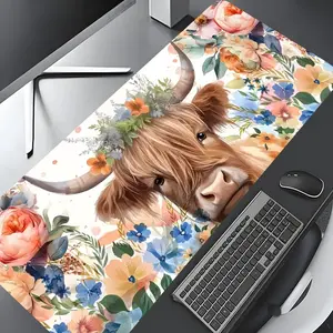 Floral Highland Cow Desk Mat Cute Aesthetic Office Decor Desk Accessories Large Gaming Mouse Pad, Stylish Desk Protector, Rubber Non-Slip Locking Edges, Multi-Size Options for Laptops Desktops, Perfect Gift for Boys Girls Kids