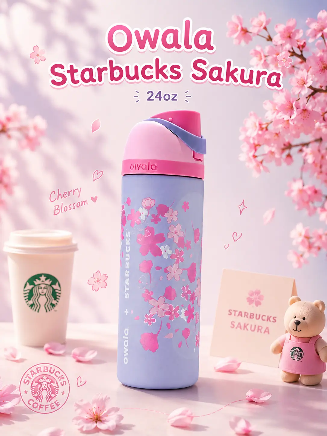 Owala Starbucks Cherry Blossom 24oz FreeSip Water Bottle – Sakura Leakproof Vacuum Insulated Stainless Steel BPA-Free Travel Bottle
