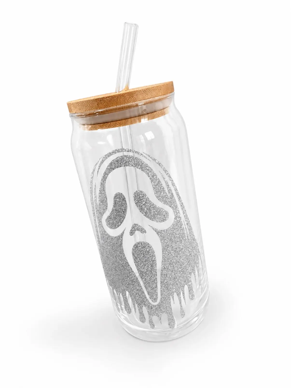 Stylish Reusable Silver Glitter Ghost Face Glass Water Bottle - Airtight, Anti-Leak, Travel-Friendly Kitchenware Drinkware with Secure Lid, Washable Glass Cup with Straw, Glass Water Bottles