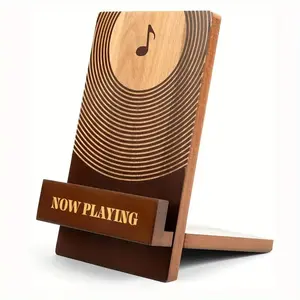 Classic Wood Now Playing Vinyl Record Stand - Stylish LP Holder with Golden Accents for Turntable Enthusiasts, Perfect for Home Theater or Music Room Setup