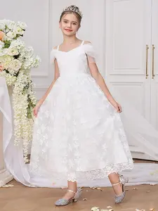 Teenager Girl's Floral Embroidery Tulle Princess Dress, Elegant Puff Sleeve Square Neck Dress for Party Wedding Guest, Kids Clothes for Summer, Floral Pattern Dress, Tulle Overlay Dress