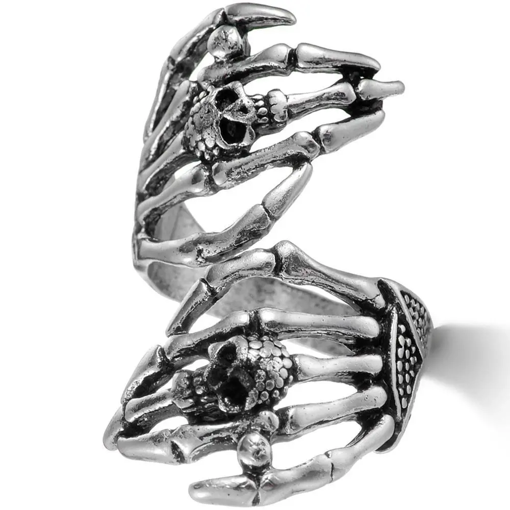 Vintage Silver Exaggerated Skeleton Hug Ring - Funky, Alternative Artistic, Chunky Style, Adjustable Expandable Ring for Men - Retro Punk Jewelry Gift for Dropshipping, Funky Rings, Alternative Artistic Rings