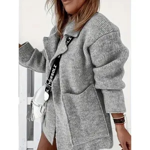 Women'sDoublePocketDropShoulderSolidColorCardiganLongSleeveTurn-DownCollarJacketforAutumnandWinterDailyWear