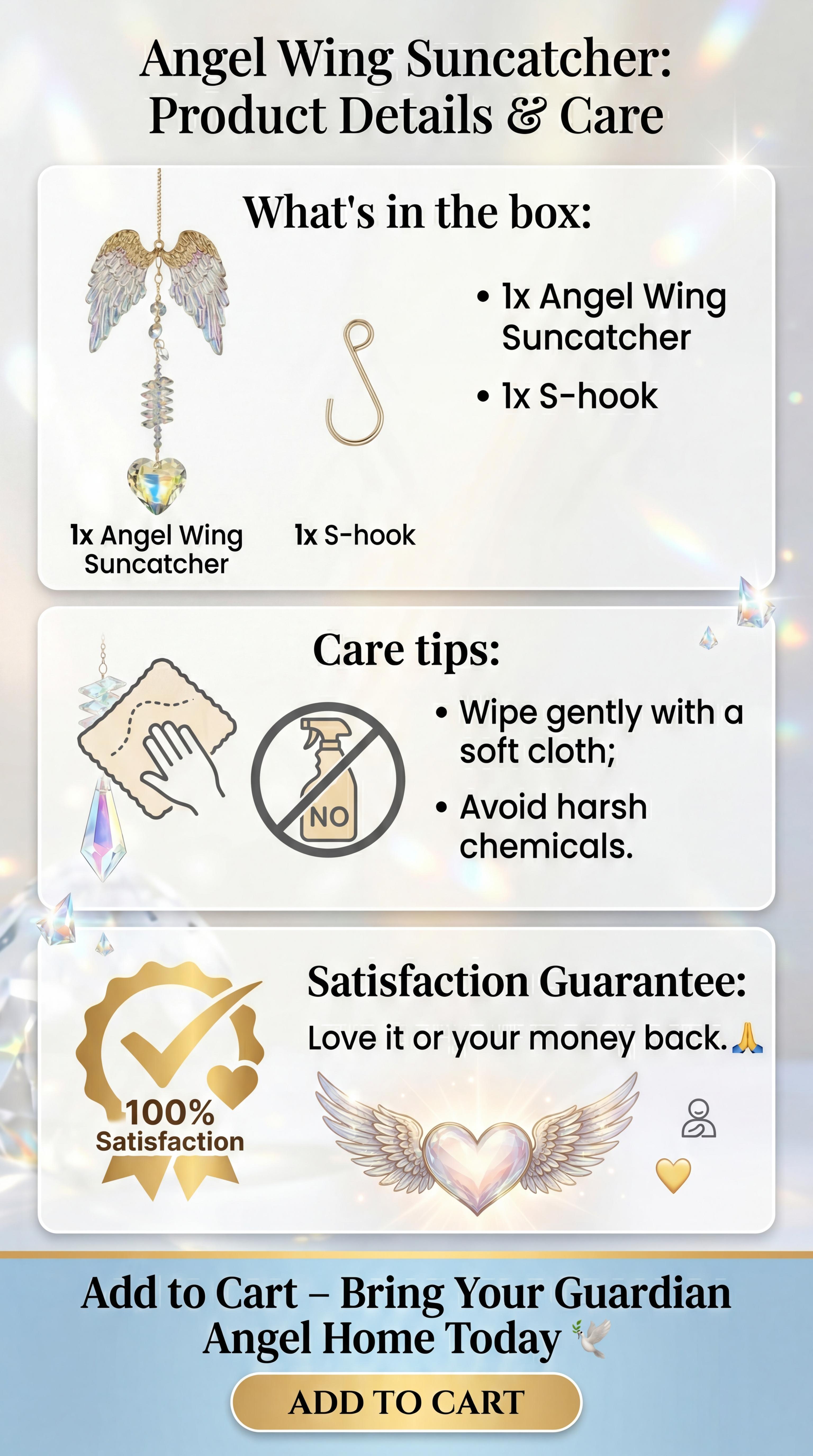 Angel Wing Crystal Sun Catcher 4 Styles - Hanging Rainbow Maker with Heart & Bell for Home Decor , Handmade Crystal Prism Rainbow Maker for Window & Garden  , Crystal Hanging Ornament Gift for Mom & Friends glass christian art office wall  gardening