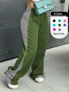 Women's Colorblock Athleisure Style Bottoms High Waist Wide Leg Sweatpants, High Rise Sweatpants, Casual Sports Pants, Casual Elastic Waist Pants for Daily Wear, Ladies Bottoms for All Seasons