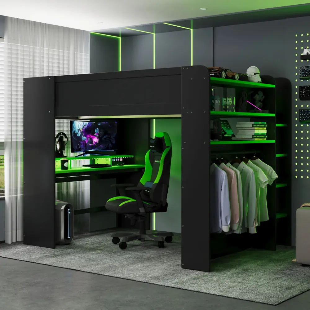 Full-Size Wooden Bunk Bed with Height-Adjustable Desk, Wardrobe, Built-In Gaming Station, Cable Management, USB Ports, and RGB Light Strips