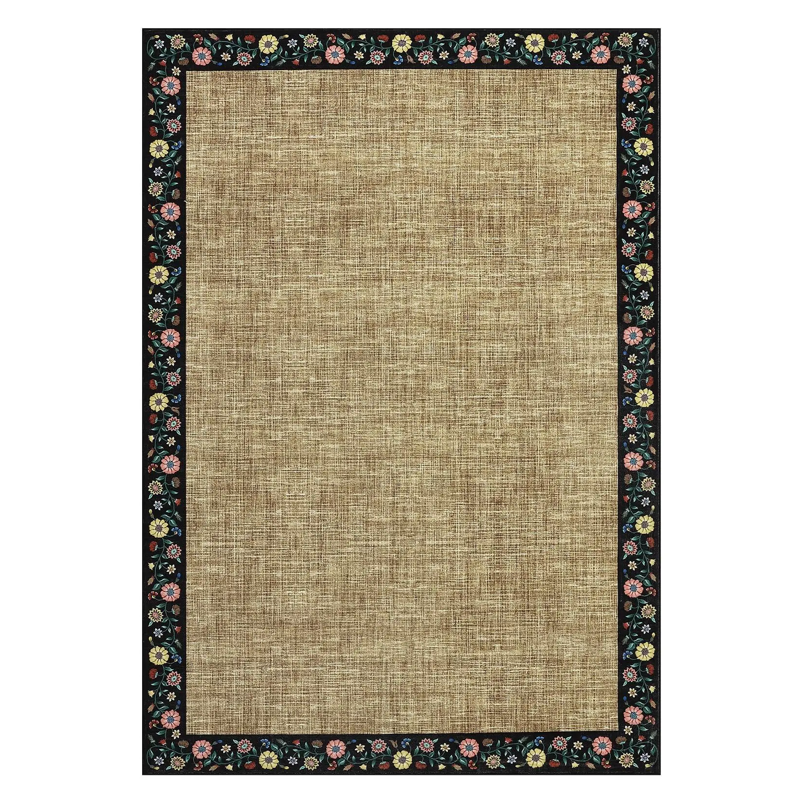 Yellow Washable Area Rug,8x10 Area Rugs for Living Room, Soft Faux Wool Low Pile Floral Bordered Farmhouse Rug, Non Slip TPR Backing Foldable Stain Resistant Carpet for Bedroom Dining Room