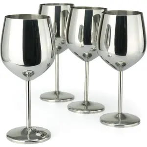 PG Set of 4 Stainless Steel Wine Glass - 18.5oz Silver Mirror Finished Wine Glasses - Unbreakable Wine Glasses - Stem Metal Wine Goblets