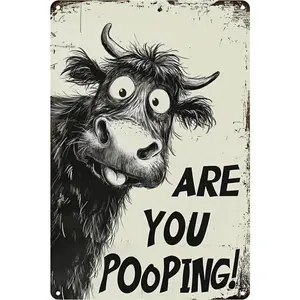 1 pc Vintage Highland Cow Bathroom Decor Sign – Black & White Funny “Are You Pooping?” Aluminum Wall Plaque, 8 x 12 Inch