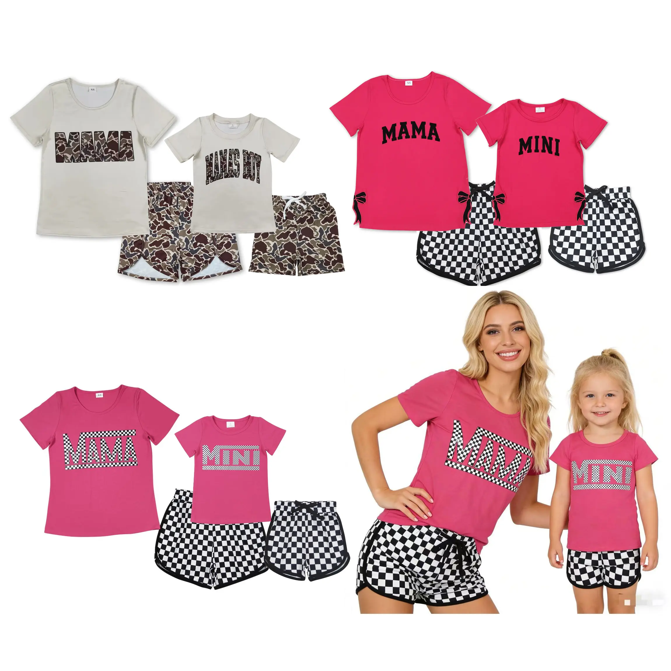 Mama and Mini Matching Set, Casual Chessboard Print Short Sleeve Top and Shorts in Lightweight Cotton Blend
