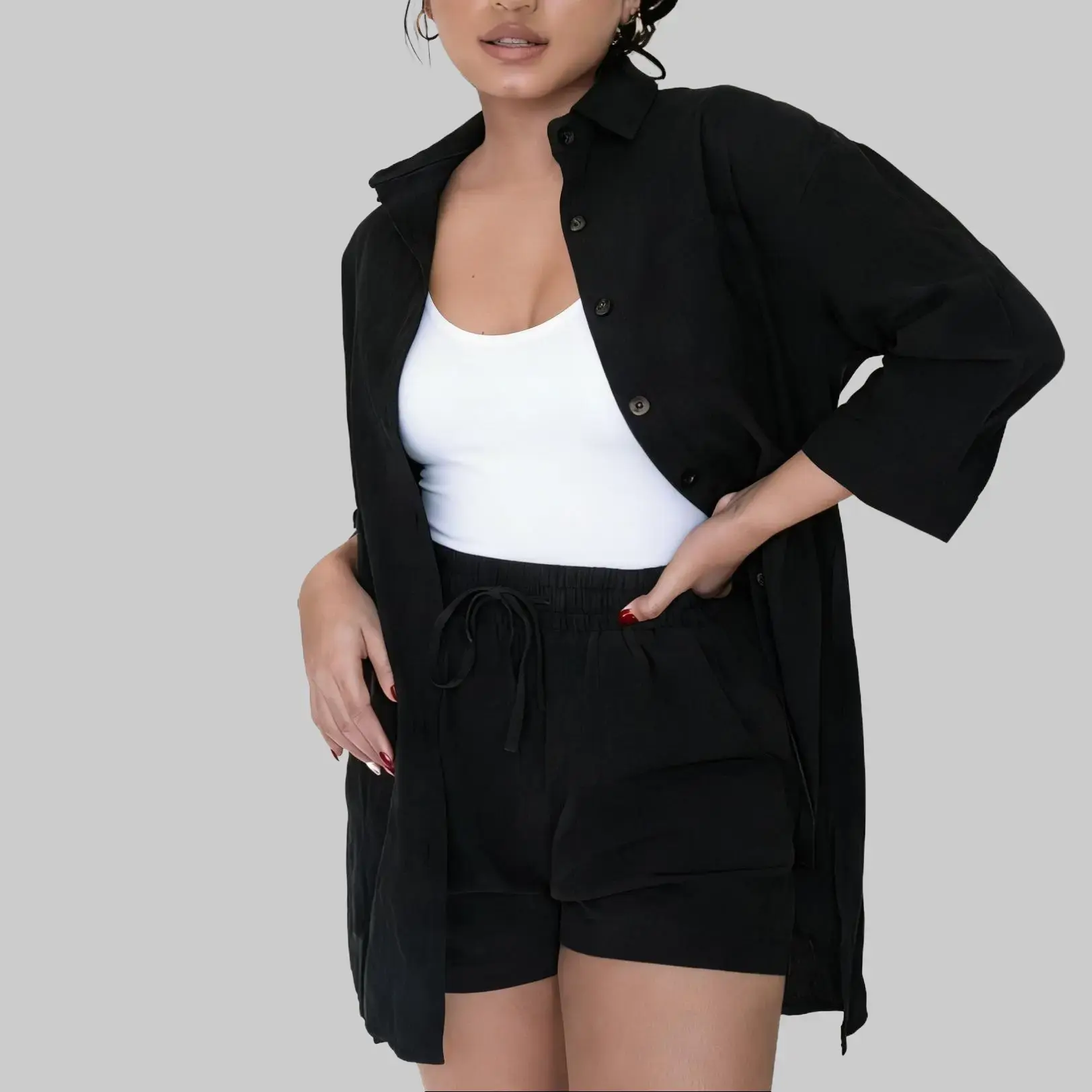 ZEAGOO Women's Casual 2-Piece Lounge Tracksuit 2025 New Linen Clothes for Women - Adjustable Drawstring Casual Shorts, Breathable 3/4 Sleeve Elastic High-Low Shirt with Pockets for Summer Comfy Fits