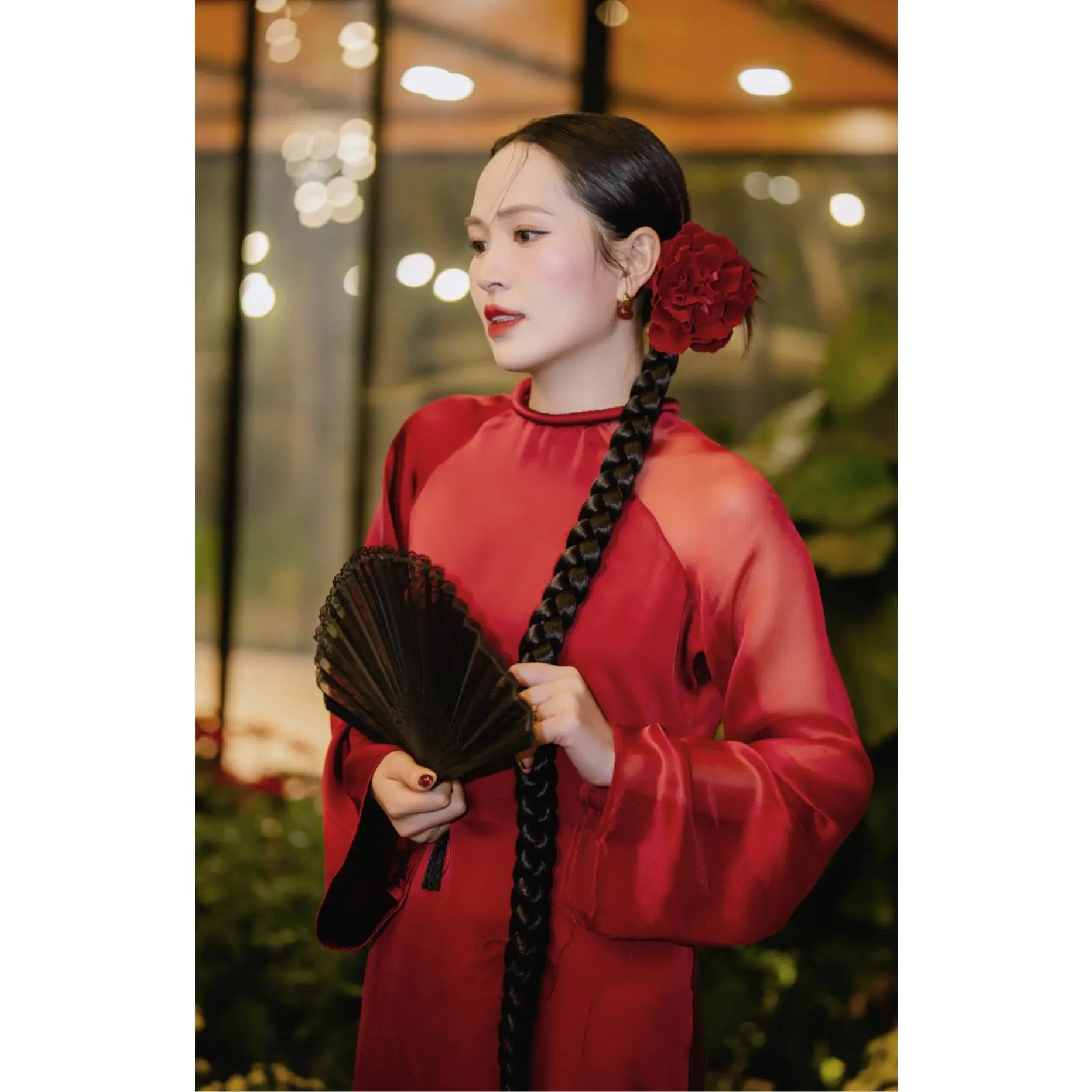 "Tinh Hop" - Asymmetric Ao Dai Set in Silk & Oganza in Crimson