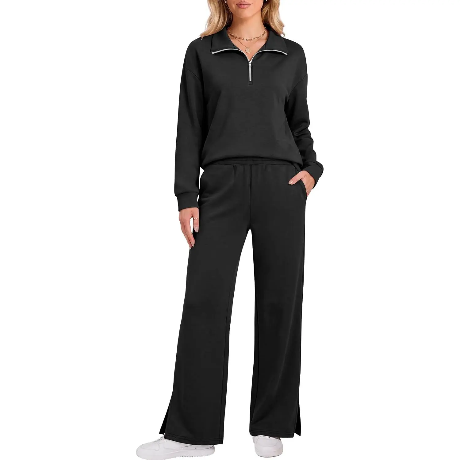 ANRABESS Two Piece Sets for Women Half Zip Sweatsuits | Quarter Zip Pullover Sweatshirt & Wide Leg Pants, 2026 Fall Airport Travel Outfit, Casual Lounge Matching Set