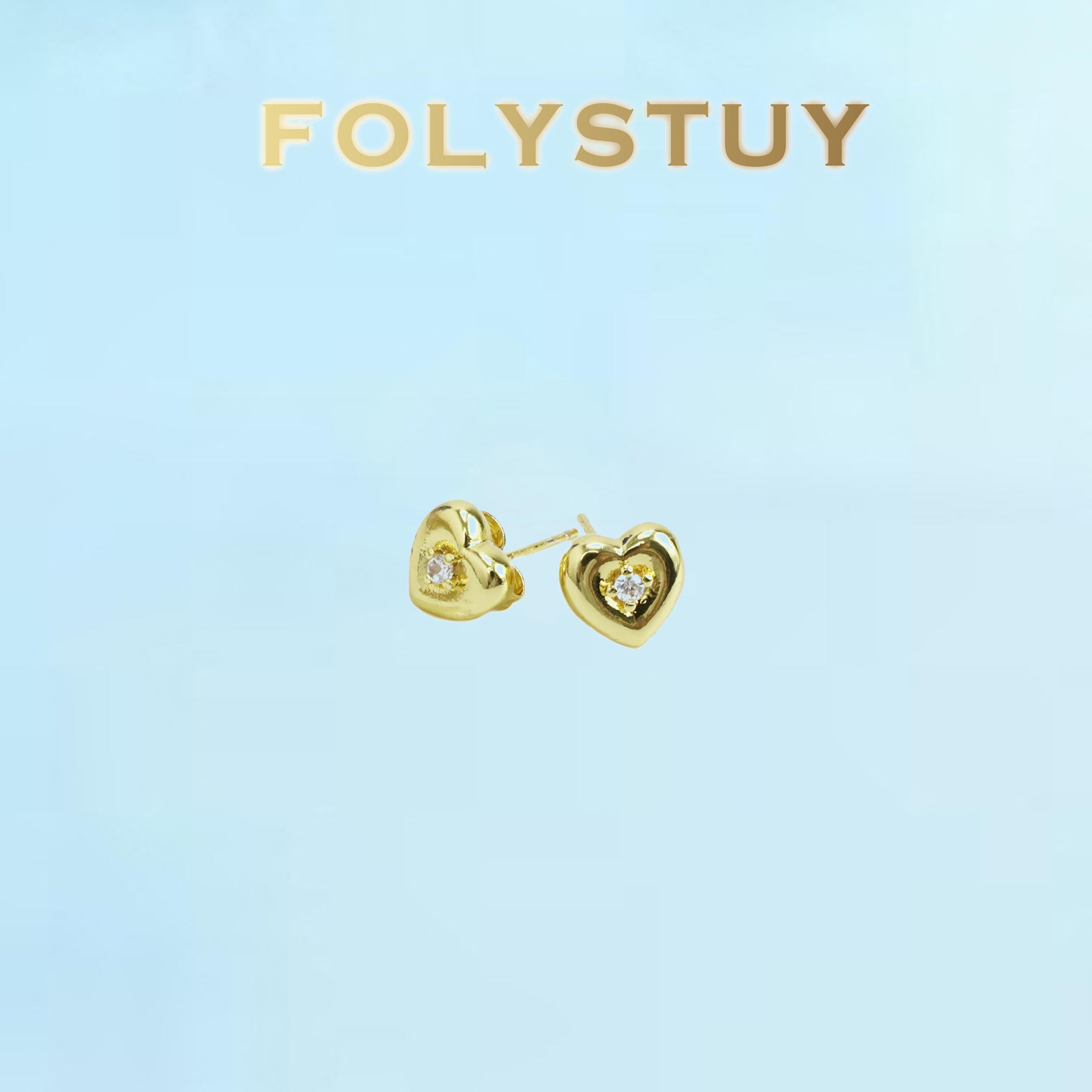 [FOLYSTUY (C122)]8mm Heart Stud Earrings with Tiny Crystal, Dainty Love Shape CZ Earrings for Women, Romantic Everyday Wear Jewelry Gift