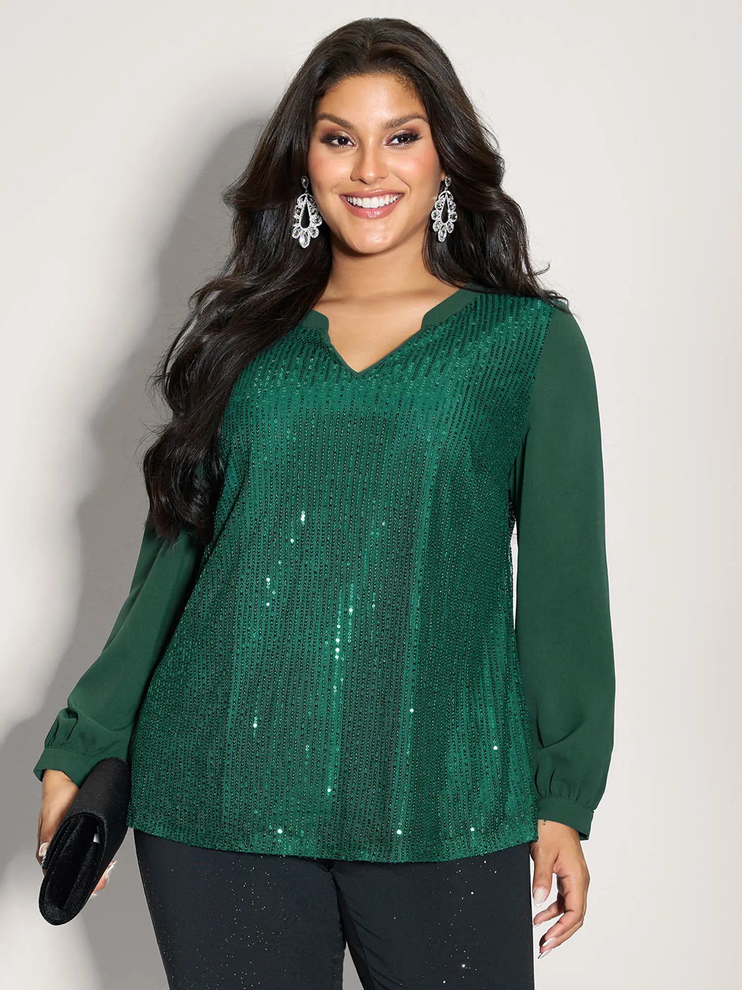 BloomChic Shimmery Sequin Notched Collar Blouse 【M-6XL】 BloomChic Shimmery Sequin Notched Collar Blouse 【M-6XL】