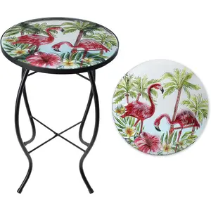 Patio Side Table Outdoor Accent Table Small Mosaic Table Coffee Table End Porch Indoor Outdoor Round Glass Balcony Bistro Three Flamingos 14 inches