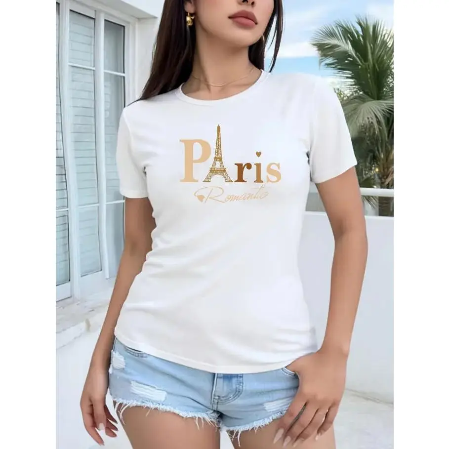 Paris Eiffel Tower Graphic Tee - 'Romantic’ Script with Heart Accents on Black & White,Four-season casual short-sleeved T-shirt - suitable for both men and women. Basic layering piece. Soft and comfortable.